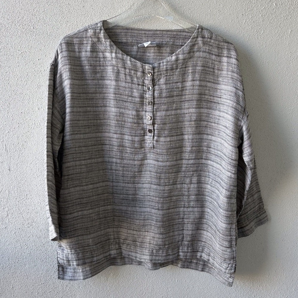 Pure Jill Linen 3/4 Sleeve XS Black White Stripe Top Casual Office Spring Button